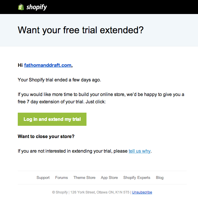 shopify free trial extended email