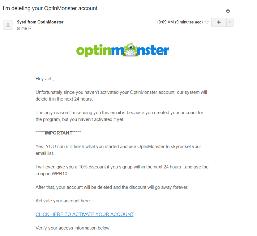 optinmonster deleting account drip