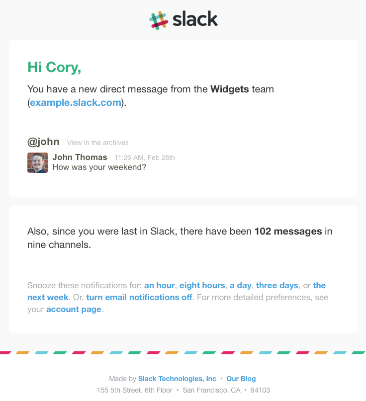 slack unread message sent email 